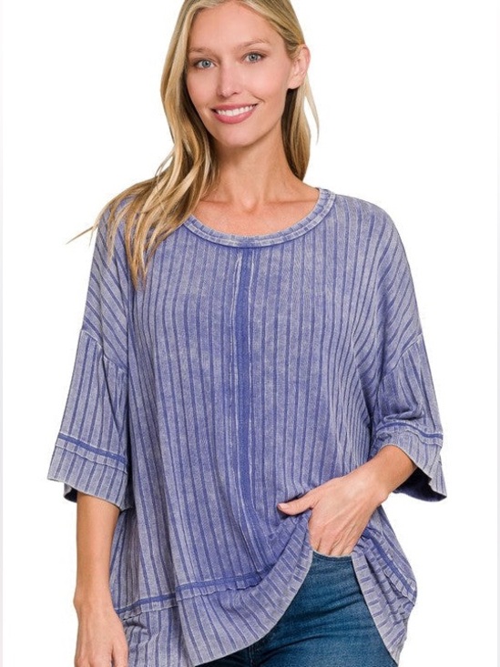 Zenana Outfitters Tops - Zenana Ribbed Acid Wash Half Sleeve oversized Top in Marlin size s/m NIB